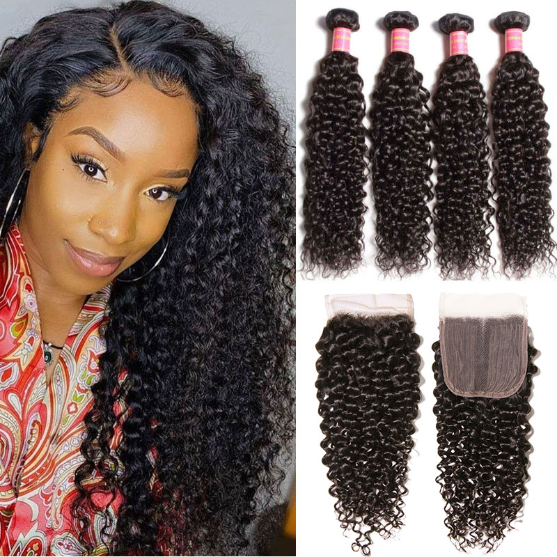 

Nadula 4pcs Unprocessed Curly Hair Bundles With 4*0.75 Inch Middle Part Lace Closure