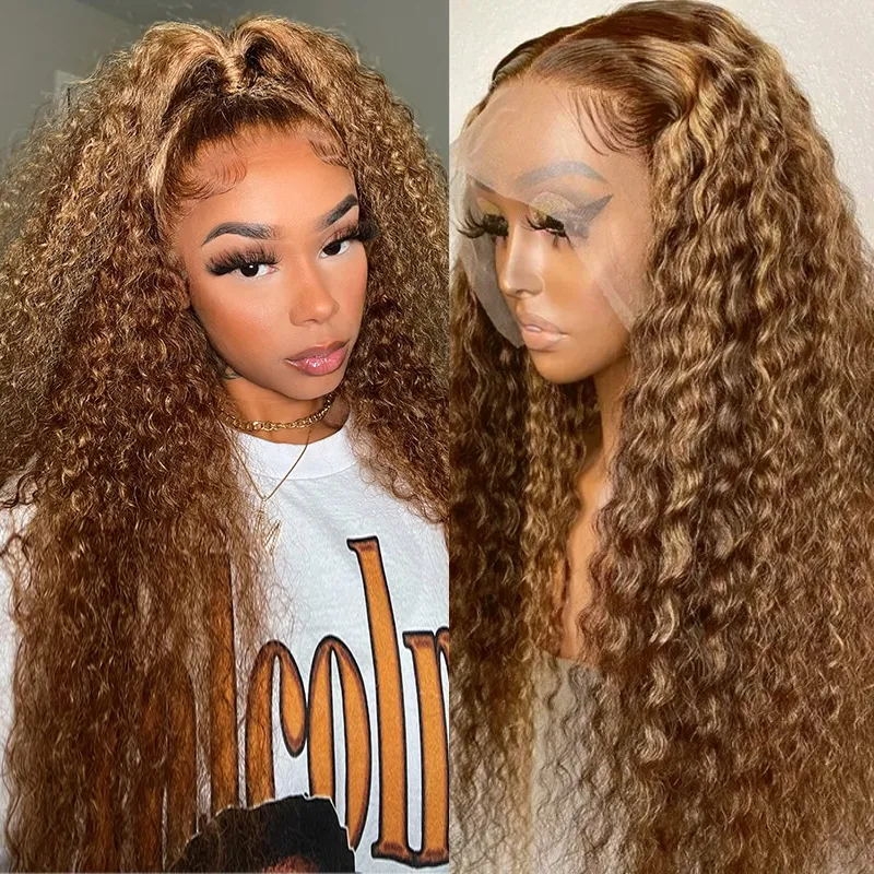 

Nadula 50% off Highlight Brown Curly Lace Front Wigs Honey Blonde Highlight Wigs Ombre Wig Human Hair 150% Density TL412 Color