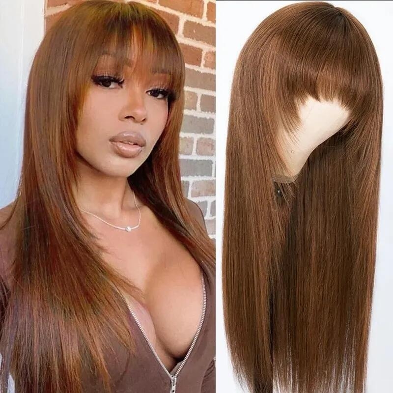 

Nadula Whatsapp Flash Deal Dark Brown #4 Color Straight Glueless Layer Cut Wig Price 100% Human Hair Wig With Bangs