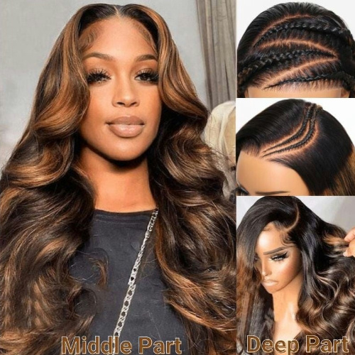 7x5 Invisible Knots Highlight Balayage Body Wave Lace Front Shadow Root Human Hair Wig