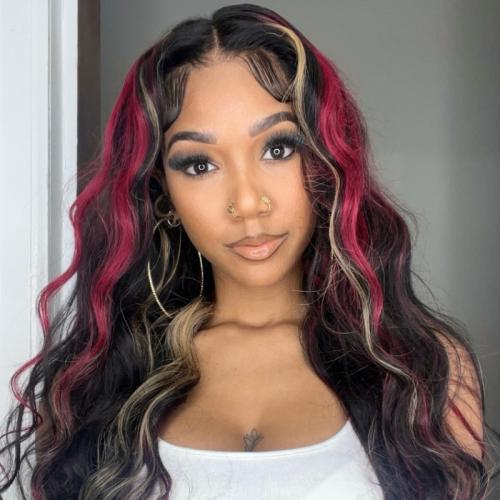 blonde and red color highlight wig